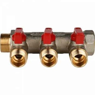 Коллектор с шар.кранами 3/4", 3 отвода 1/2" (SMB 6210 341203) STOUT(красные ручки) 