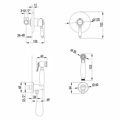 Смеситель с гигиеническим душем встраиваемый "VILLA" (LM4819B) бронза LEMARK 