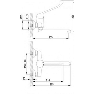 Хирургический смеситель "PROJECT"(4611С) настенный.излив 250мм LEMARK