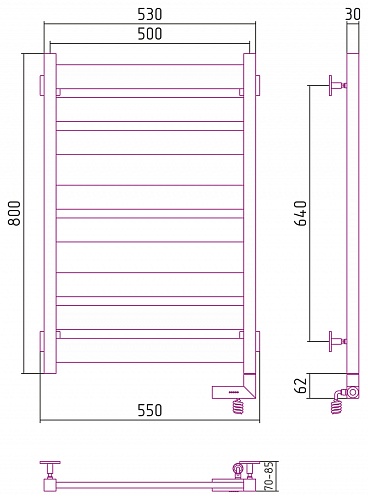 Полотенцесушитель Сунержа РЭБ Центурион 800х500 электрический/скрытое подключение/правый