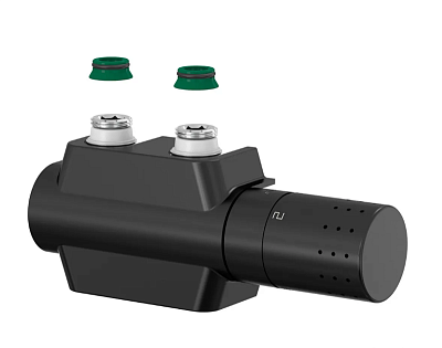 Узел нижнего подключения VARIODESIGN прям./угл., 3/4x3/4", c конус.вст. 3/4х1/2", с термоголовкой и декор. накладкой, цвет черный (F12167) Simplex