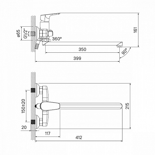Смес. д/ванны Zodiac длинный излив ZODSBL2i10WA без аксессуаров (7817)