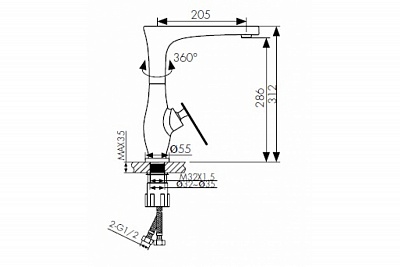 Смес д/кухни Kaiser Star боковой с гайкой Ø35, черный(02044-2) АКЦИЯ