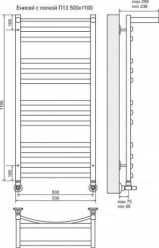 Полотенцесушитель 500х1000 П13 "Енисей" с полкой TERMINUS