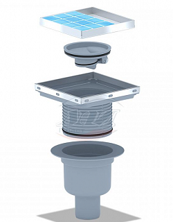 Трап верт Ду 50 регулируемый с нержавеющей решеткой 150*150 сухой под плитку ТQ5912