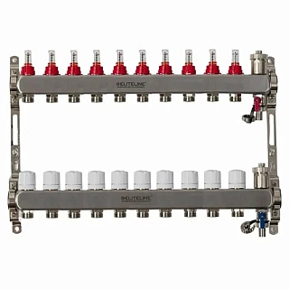 Коллектор с расходомерами 9-вых нерж. БЕЗ кранов  (внешний тройник, расход., дрен.кран, воздухоотв.) ELITELINE (KMV-004-9)
