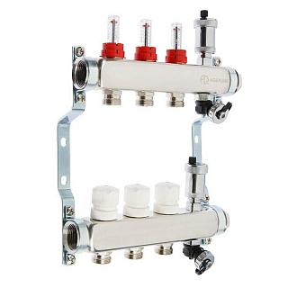 Коллектор с расходомерами 3-вых нерж. БЕЗ кранов, со сливным краном 1"x3 x 3/4"AQUALINK