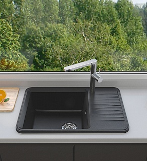 Мойка гранит FOSTO FG Романа 74х51 (искристый черный 405) кварц с сифоном